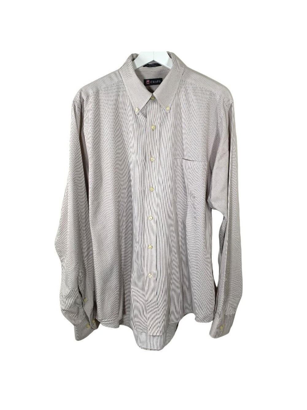 Chaps Mens L 16 16.5 Tan Stripe Button Down Shirt Long Sleeve Classic Preppy